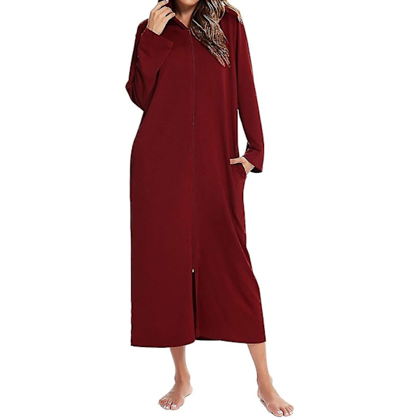 Kvinde Lang Robe Hætte Badekåbe Lynlås Op Duster Fuld Længde Solid Red XXL