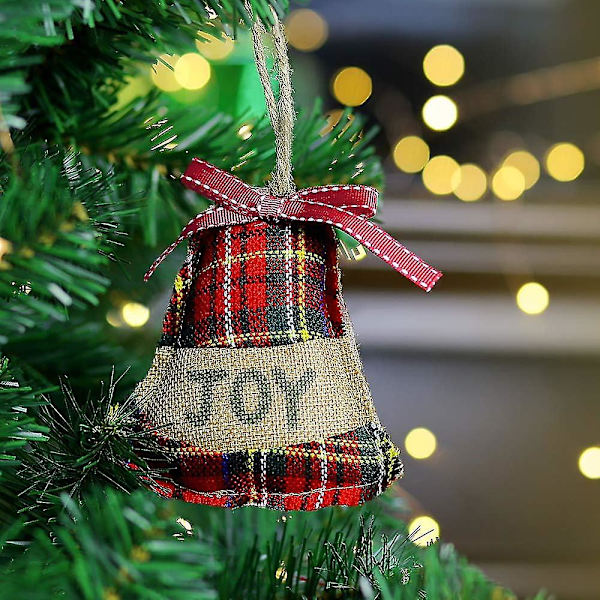 Julepynt Træpynt, 8 stk. Rød Sort Buffalo Check Plaid Syning Burlap Hængende Ornamenter, Træ Kugle Klokke Strømpeformet Hængende De