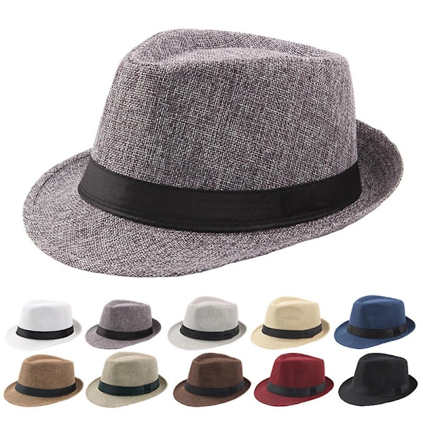 Herr Enfärgad Bredbrättad Fedora Filt Hatt Panama Hatt Skeppare Sommar Strand Sol Light Khaki
