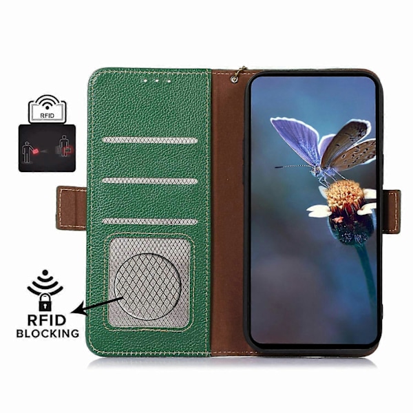 Etui til Samsung Galaxy A26 5G med RFID-blokkering, teksturert ekte kveg-skinn - Multicolor Green