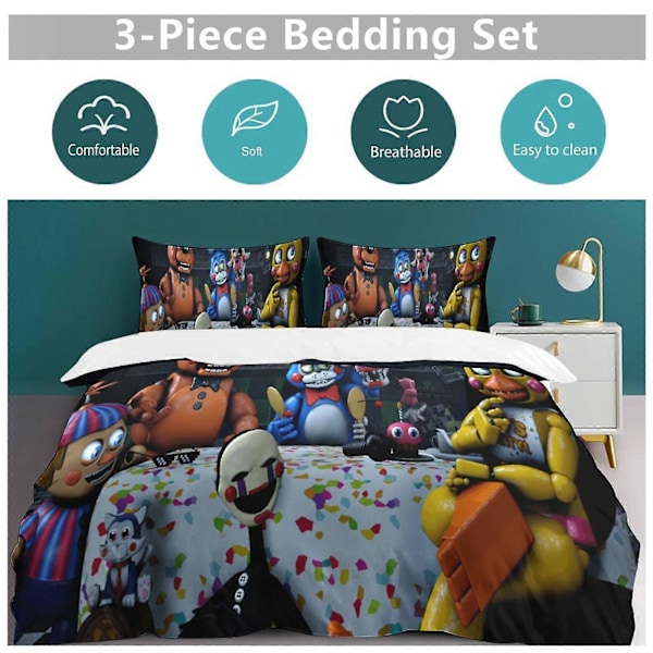 v1033 Five Nightat Freddy Quilt Sæt Tyk Blød 3 Dele Sengesæt Helårs Dynebetræk med 2 Pudebetræk til Voksne Kvinder Piger Teenagere Hjemmeværelse 135x200cm 53x78in