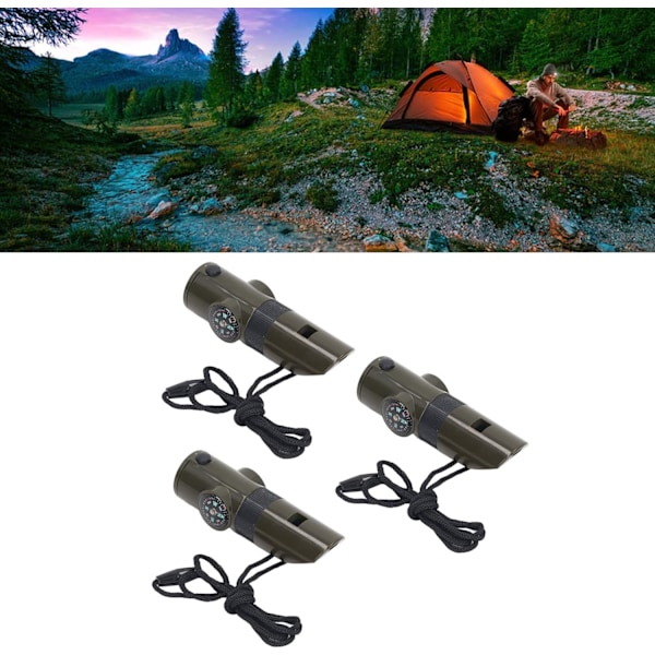 3PCS Utomhus Överlevnadsvisselpipa, 7 i 1 Multifunktionellt Nödverktyg med LED-ljus, Termometer, Kompass