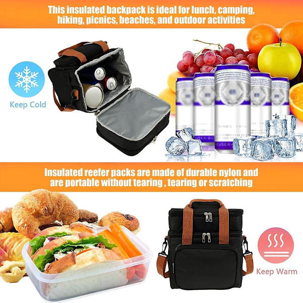 Isoleret mad køletaske dobbelt frokosttaske skuldertaske 27,5X25X18Cmfor egnet til rejser, strandcamping og fiskeri (sort)
