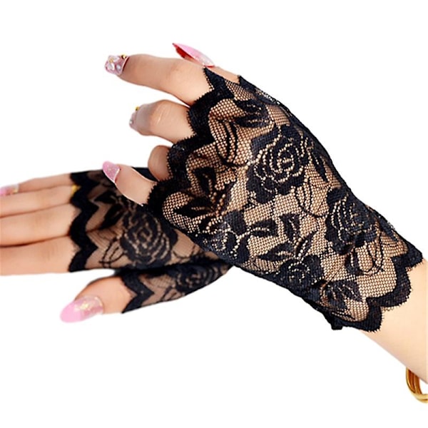 Blonder fingerløse hansker Uformelle elastiske blomsterhansker Kjørehansker Bryllupsdekorative hansker for kvinner black