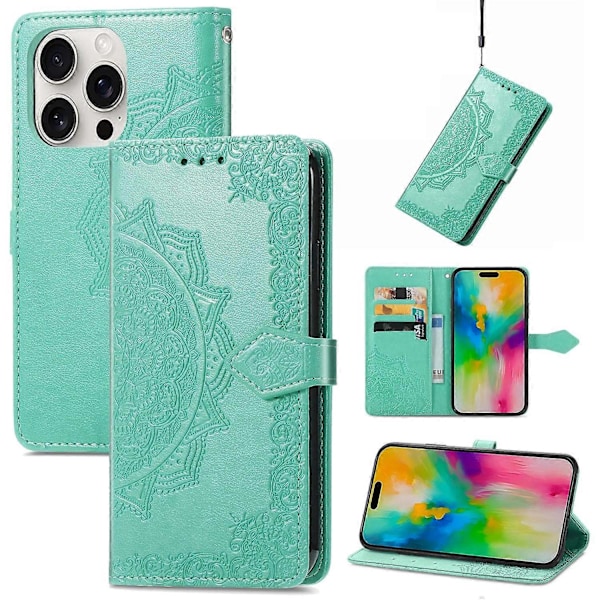 Til iPhone 16 Pro Max Wallet Case Mandala Blomst Læder Telefon Cover Stativ Vis - Multicolor Green