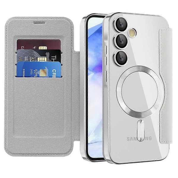 Samsung Galaxy A55 5G Magnetic Case - Leather Card Holder with RFID Blocking, Flip Wallet Case Protective Cover Multicolored Titanium Gray Multicolo Multicolor Titanium Grey
