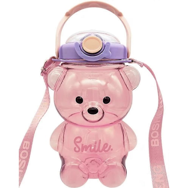 Søte Vannflasker med Sugerør, 3D Søte Klistremerker og Justerbar Stropp, Kawaii Bjørn Vannflaske for Barn Kvinner Jenter Pink 32 oz