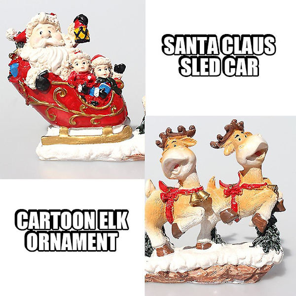 Julepynt i harpiks, håndverkspynt, tegneserieelg, julenisse, sledebil