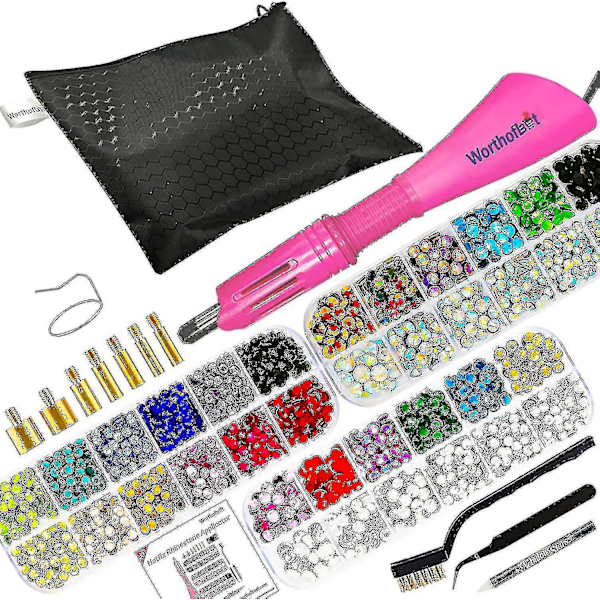 Applikatorverktøysett, Hot Fixed Wand Bedazzler Kit, 4080 stk, Ab Crystal, Klar, 14 farger, 7 tips, 4 gemsstørrelser, pinsett, juvel