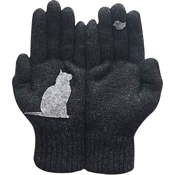 Kvinnor, varma stickade handskar, katter som ser fåglar Print Helfingrar Vinter utomhus thermal vantehandske Black