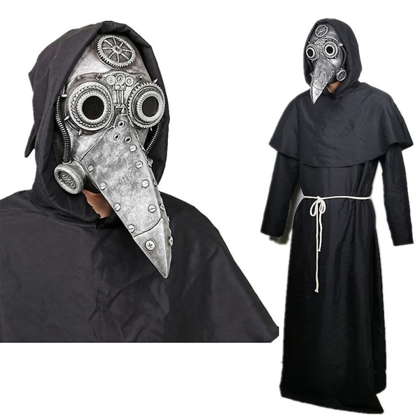 Plague Doctor Medieval Steampunk Horror Long Nose Bird Beak Mask Creepy Adult Men Women Full Face Masks Cosplay Costume For Halloween Party Masquerade Silver