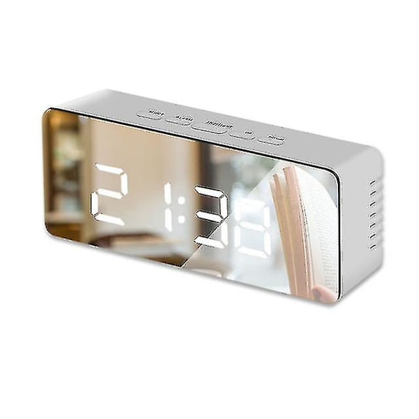 LED-speil vekkerklokke digital snooze bordklokke vekkelys hjemmedekorasjon klokke White Rectangle