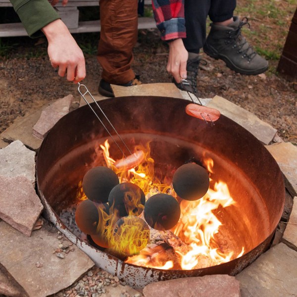 Halloween- set med 6 keramiska eldklot, set med 6 runda stenar för lägereldar eller tillbehör för eldstäder inomhus och utomhus, 3 tum, svart färg Black