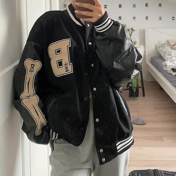 Varsity Baseball Bomber Jakke Kvinder Hip Hop Harajuku Knogle Brev Patchwork Læderjakker Streetwear Mænd Unisex College Frakker XXL