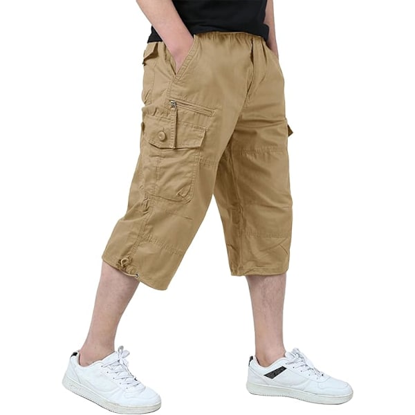 Herre Casual Twill Elastisk 3/4 Cargo Shorts Løs Passform Multi-Pocket Capri Lange Korte Bukser M Khaki