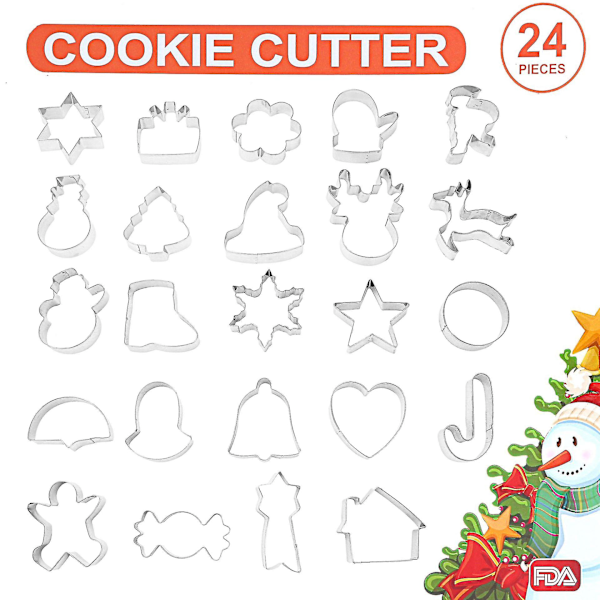 24 stycken julpepparkaksformar - Julgran, pepparkaksgubbe, snöflinga, tomte och fler former för julgodis - hao