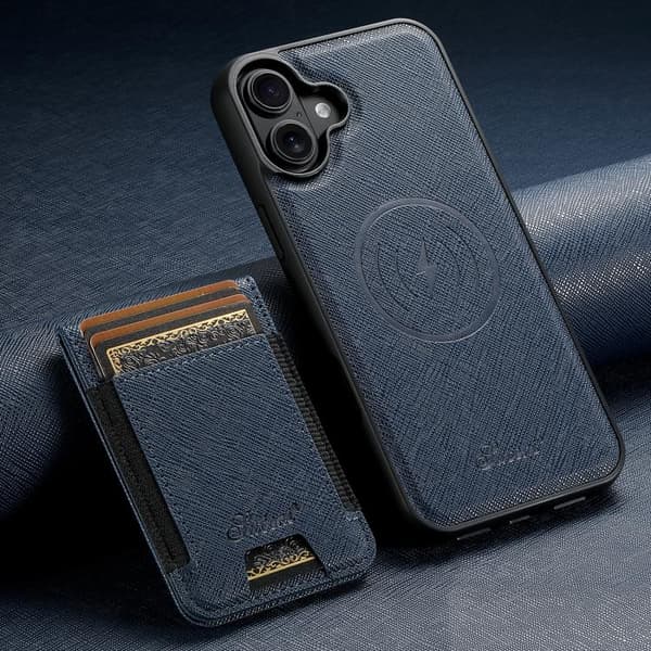 iPhone 17 Case - Cross-Grain Leather with MagSafe and Detachable Wallet Blue Blå