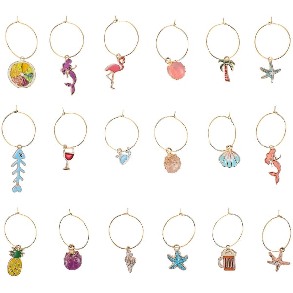 18 stk Mermaid Glas Tropical Glas Charms Vinkop Markering Hawaii Glas Charm Mark Your Drink Charm Assorted Color 5X2.5X0.5cm