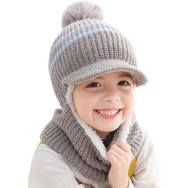 Børnepige drenge hue hals snoet hat med øreklapper fleece strikket vinter varm hue med hals rør Grey