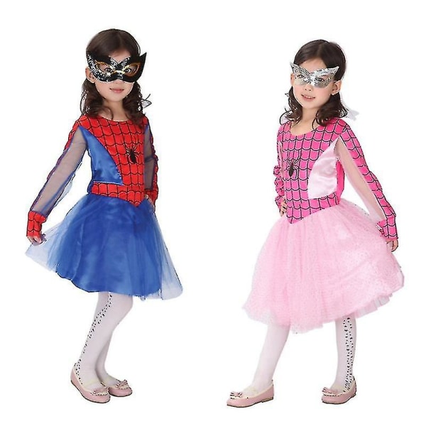 Jente Spider Girl Kostyme Dress Up Superhelt Spider Man Fancy Dress Langarmet-rosa eller rød Blue M