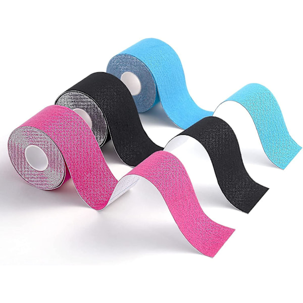 Sports Kinesiologi Tape til muskler, 5m x 5cm, 3 ruller (1 x blå, 1 x pink, 1 x sort), Vandtæt og elastisk kinesiologi tape til sport