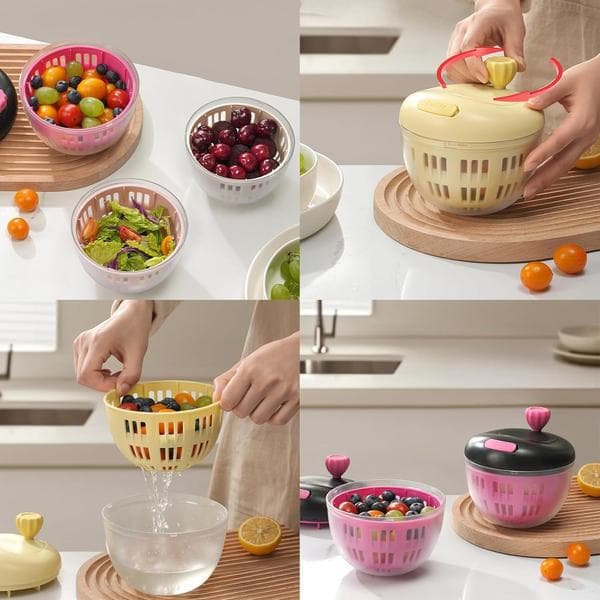 Black & Pink Fruit Washing Container with Lid & 360° Rotating Handle - Berry Strainer, Colander & Refrigerator Storage Bowl for Kitchen