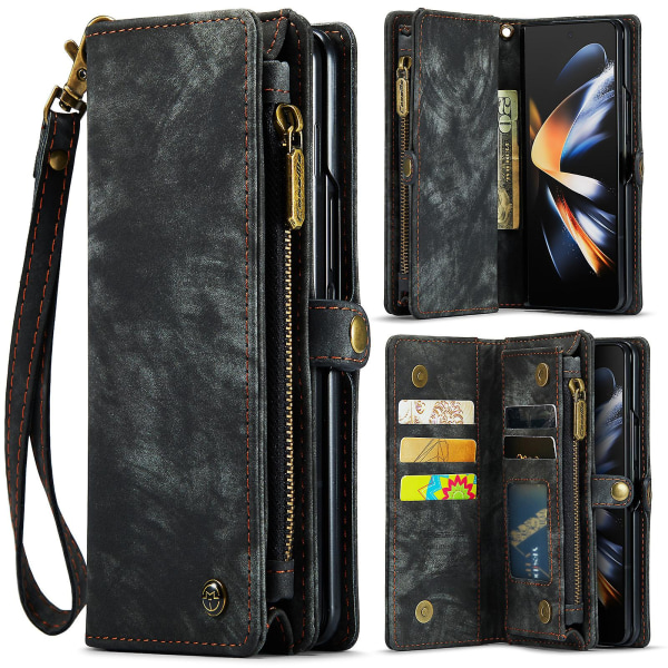 Glidelås lommebokdeksel kompatibel med Samsung Galaxy Z Fold 4, PU-lærdeksel med kortholder og håndleddsstropp Black For Galaxy Z Fold 4