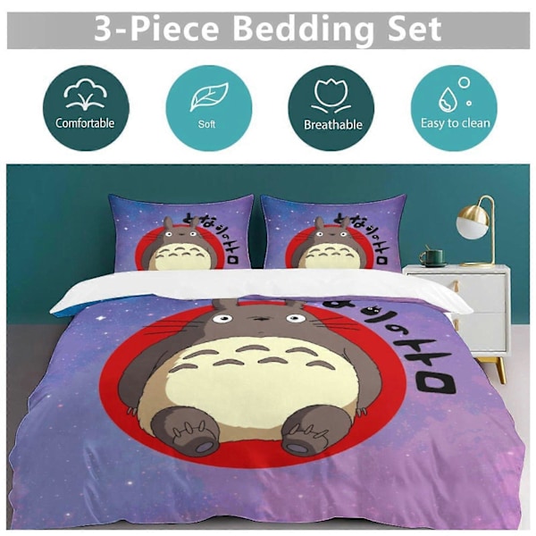 x66 Naapurini Totoro -pussilakanasetti, mikrokuituinen vuodevaatesetti, 3D-painettu kevyt 3-osainen peittosetti, 1 pussilakana ja 2 tyynyliinaa lapsille 135x200cm 53x78in