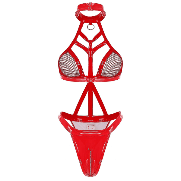 Otwoo Dame Våd Look Laklæder Lingerie Bodysuit Halter Hals Fiskegarn Kopper Lynlås Skridt Højtsnittet Thong Leotards til Klub Red XL