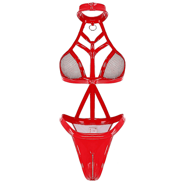Otwoo Dame Våt Se Ut Lakk Lær Lingerie Bodysuit Halterneck Netting Kopper Glidelås Skritt Høy Kutt Thong Leotards for Club Red XL
