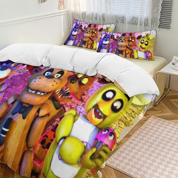 v1185 Five Nightat Freddy Quilt Sæt Tyk Blød 3 Dele Sengesæt Helårs Dynebetræk med 2 Pudebetræk til Voksne Kvinder Piger Teenagere Hjemmeværelse 135x200cm 53x78in