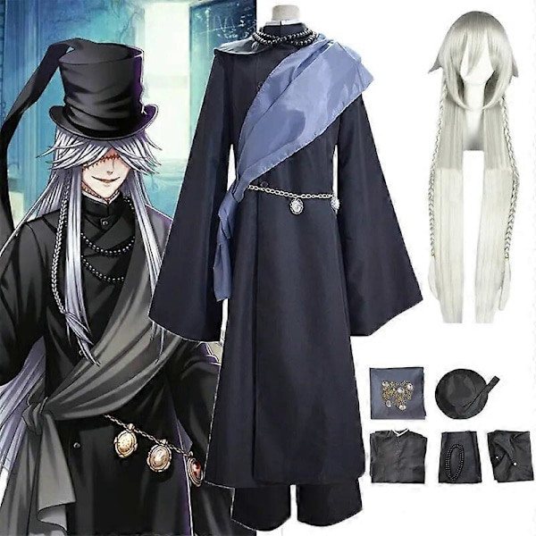 Black Butler Kuroshitsuji Undertaker Cosplay Kostym Halloweenfest Kostymer Skräddarsydda Full Set Hatt Kedja och Wig M