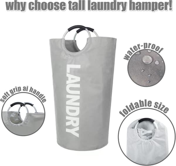 Laundry Bag with Padded Handles, Waterproof Laundry Basket Collapsible, Hamper for Bathroom, Laundry, College light grey