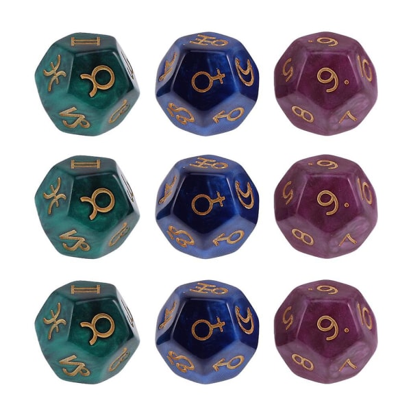 Pakke med 9 stk perle 12-sidede astrologiterninger til konstellationsspådomslegetøj