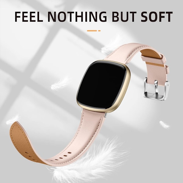 Läderarmband Kompatibelt med Fitbit Versa 3/Fitbit Sense 2/Sense, Äkta Läder Elegant Ersättningsarmband, Ljusrosa