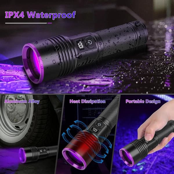 UV Flashlight 365nm, Rechargeable Blacklight with LCD, Powerful UV Handheld Light for Urine, Scorpions, Resin, Glass