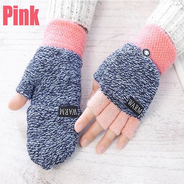 Varma vinterhandskar för kvinnor Fliphandskar Förtjockning Ull Stickade Filphandskar Fingerlösa handskar pink1pc