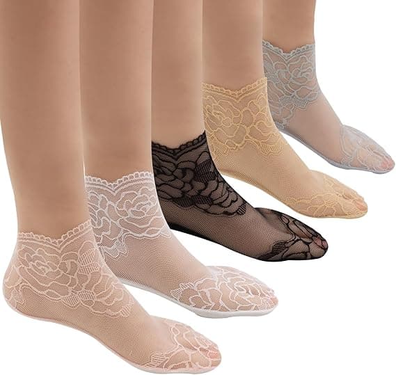 Pakke med 10 par gennemsigtige blondestrømper, Pop Socks til kvinder, tynde og elastiske absorberende og åndbare netstrømper, størrelser 3 til 7.