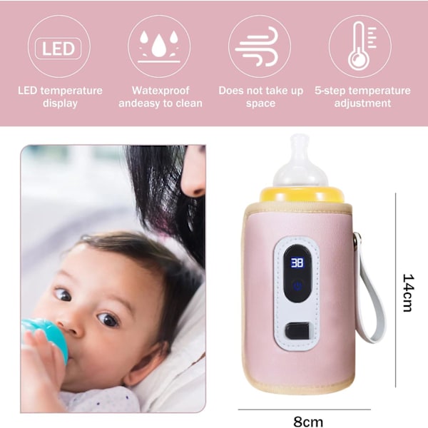 Bärbar Flaskvärmare, USB Bärbar Babyflaskvärmare Med Indikator, Termostatisk Flaskhölje 5 Hastigheter Justerbar För Bil, Resor, Hem Pink