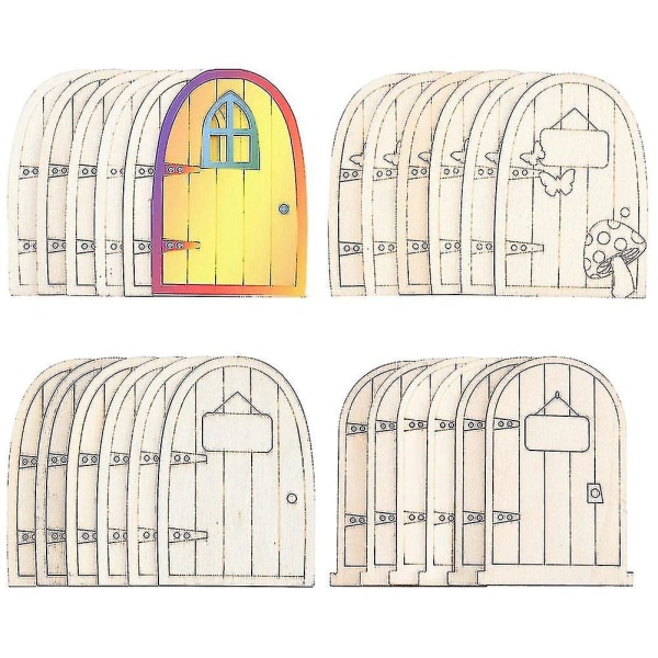 40 Pcs Unpainted Fairy Themed Mini Door Shape 4 Patterns Wood Fairy