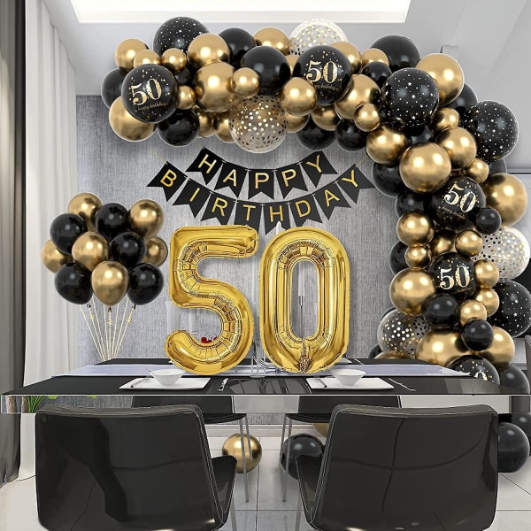 Dekoration med ballonger för födelsedagsfest, ballonggirlang, svart och guld, bakgrund för födelsedagsfest, bröllop 50 years