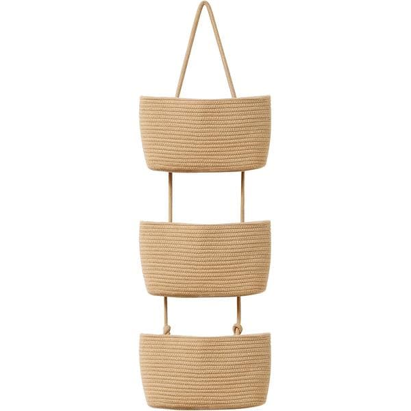 Wall-mounted storage basket, three-tier design, woven material, suitable for living rooms etc.