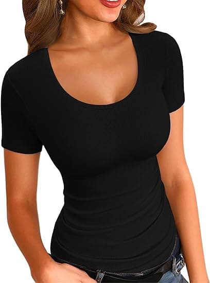 Sommer Dame Scoop Neck Kortærmede Skjorter Ribbet Slank Pasform Afslappet Basic Top Bluser