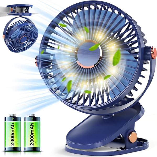 Clip on Table Fan - Small and Silent Desktop Fan with LED Light, USB Rechargeable Fan with 4000mAh Battery, Portable Desk Fan with 15h Duration