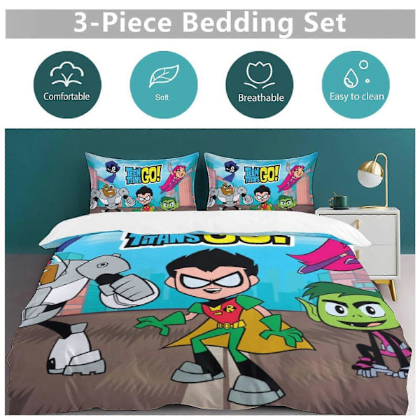 x89 Teen Titans Go 3-osainen vuodevaatesetti Lämmin ja mukava pehmeä pussilakanasetti, jossa 1 pussilakana ja 2 tyynyliinaa makuuhuoneeseen b89 200x200cm 78x78in