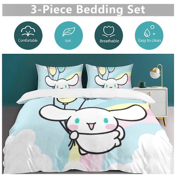 v1165 Cinnamoroll Dynesett Tykkere Mykt 3-delt Sengesett Helårs Dynetrekk med 2 Putetrekk for Voksne Kvinner Jenter Tenåringer Hjem Rom Dekor io 240x260cm 94x102in