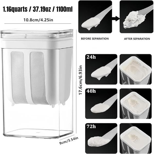 1100 ml kapasitet yoghurt sil/separator for greske yoghurtmaskiner, brukes til myse separasjon.