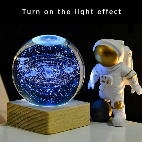 3D-galaksin kristallikuula yövalo 7 värillä LED-puualustalla, galaksin planeettojen lasipallolamppu koristevalo lahjat lapsille - ei sisällä astronauttia Solar System