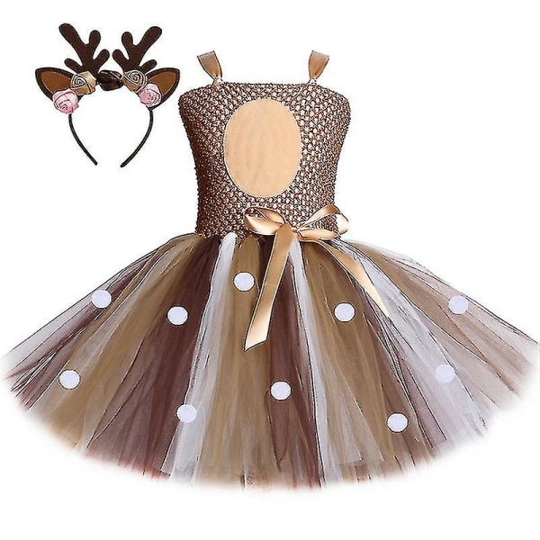 Barns jul Hjortklänning Skicka hårbåge Flickor Kostym Kjol Mesh Princess Tutu Kjol Princess Skirt#hjmy-bt049 Brown 8-9Y