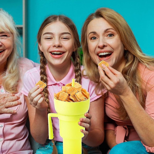 Snack og drikkekopp 2 i 1, Stadionbeger, Snackkoppskål med sugerør, gjenbrukbar snack og drikkekopp, sprutsikker lekkasjesikker bærbar snackkopp, 2-lags Yellow